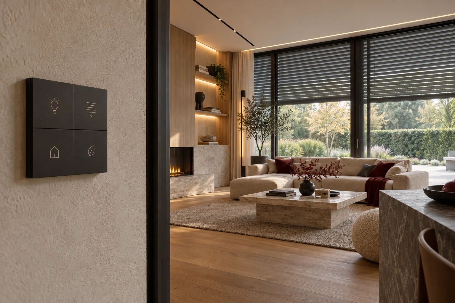 Woning met slimme bediening, geïntegreerde verlichting en zonwering, conceptbeeld